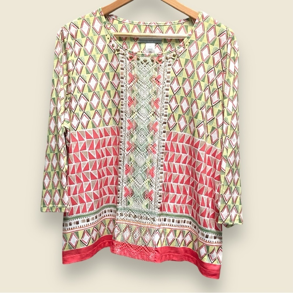Alfred Dunner Peach/Green Aztec Print Jeweled‎ Neckline Top